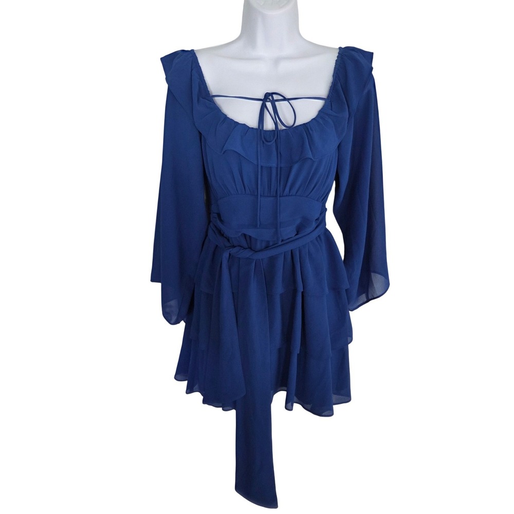 Lovers+Friends NWT S Blue Ruffle Mini‎ Dress Bell Sleeve Tiered Flutter Skirt